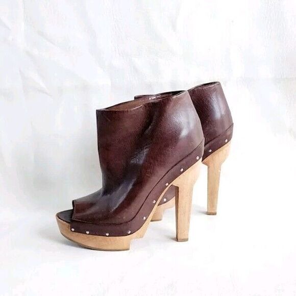 Marni Peep Toe Brown Wooden Heels Booties Clogs Size 36 (US 6) - Picture 2 of 9